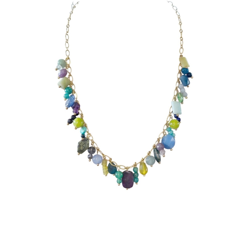 Boho Multicolor Semi Precious Stone Fringe Necklace 22k Gold Plated Gypsy Fairy